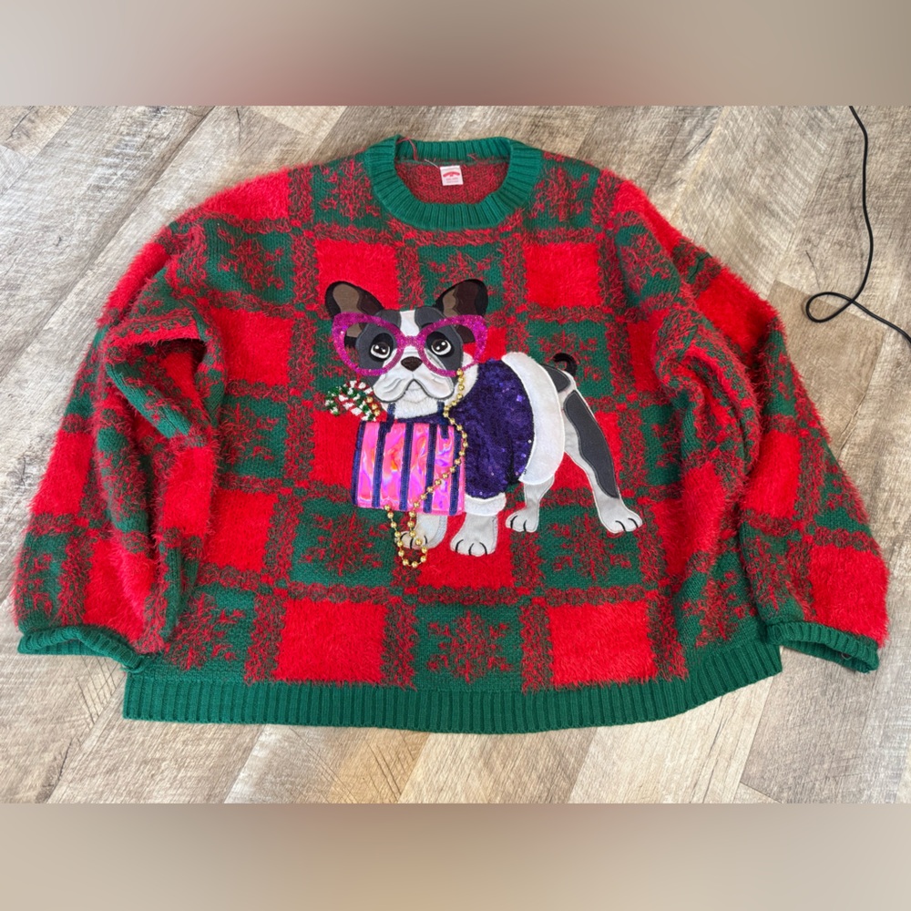 UGLY SWEATER XL plaid fuzzy sweater, glam shopping dog with glasses/purse